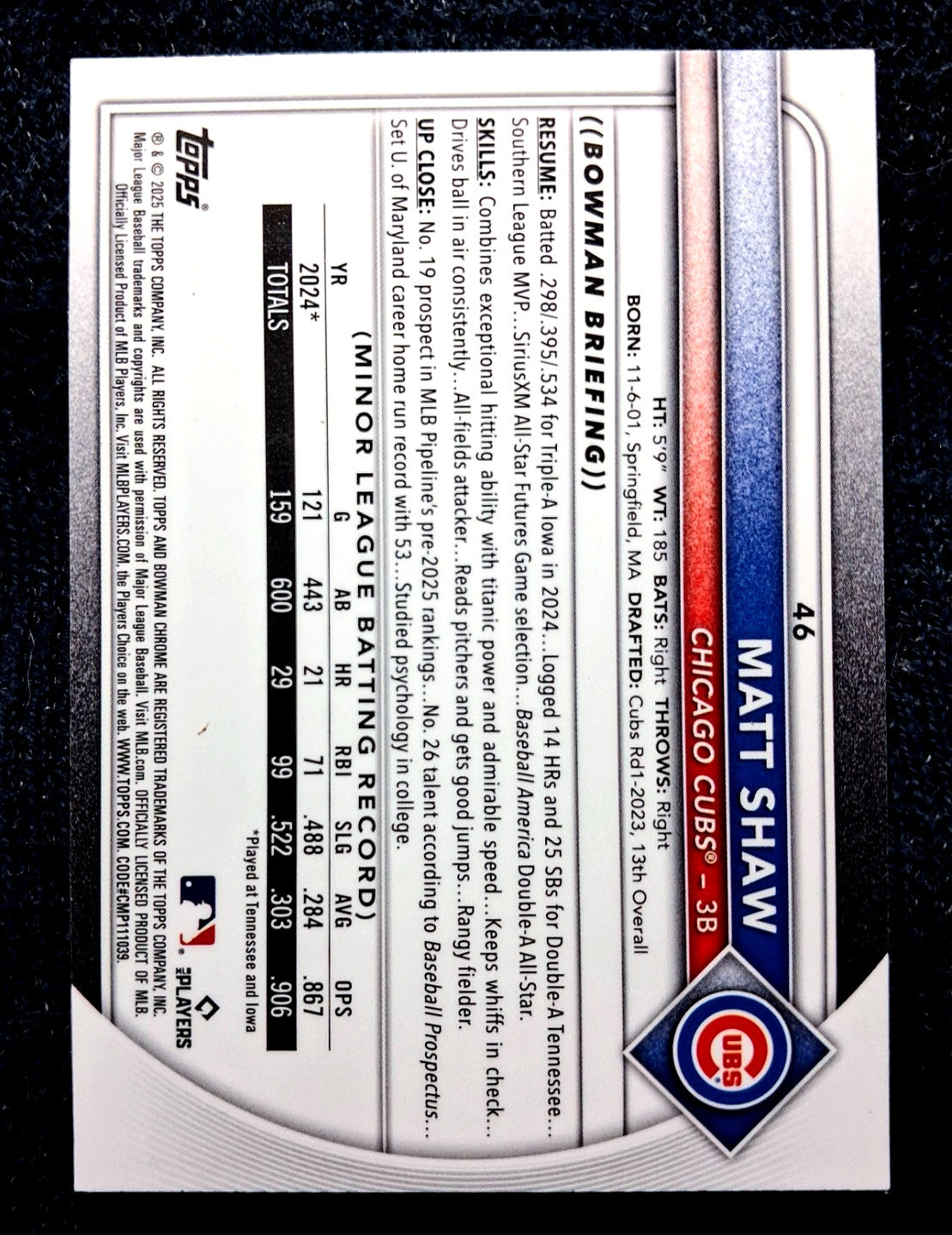 2025 Bowman Chrome Baseball Matt Shaw (RC) Mojo Refractor #46 Chicago Cubs
