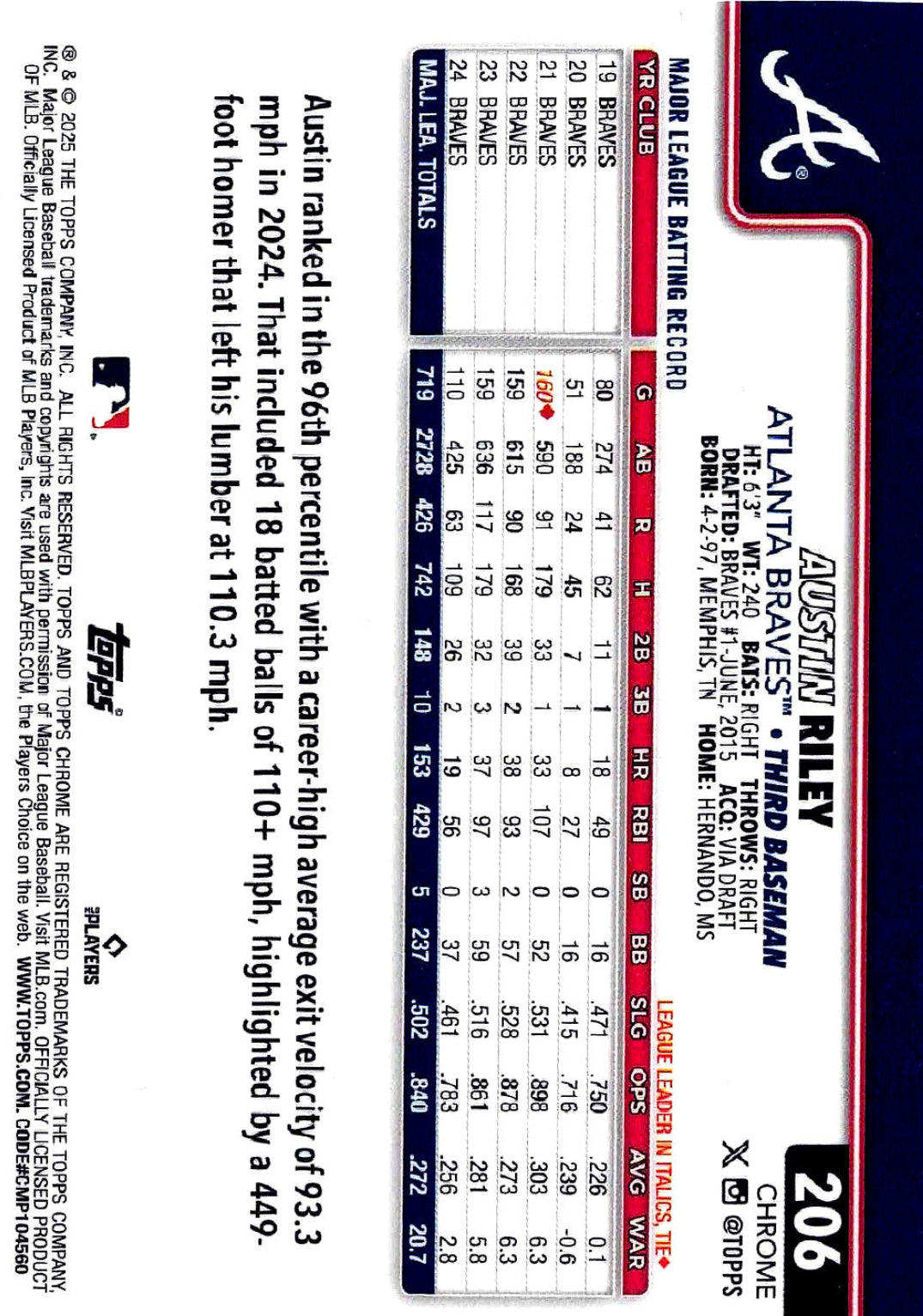 2025 Topps MLB Chrome AUSTIN RILEY #206 [Gold Logo Refractor] Image Variation/50