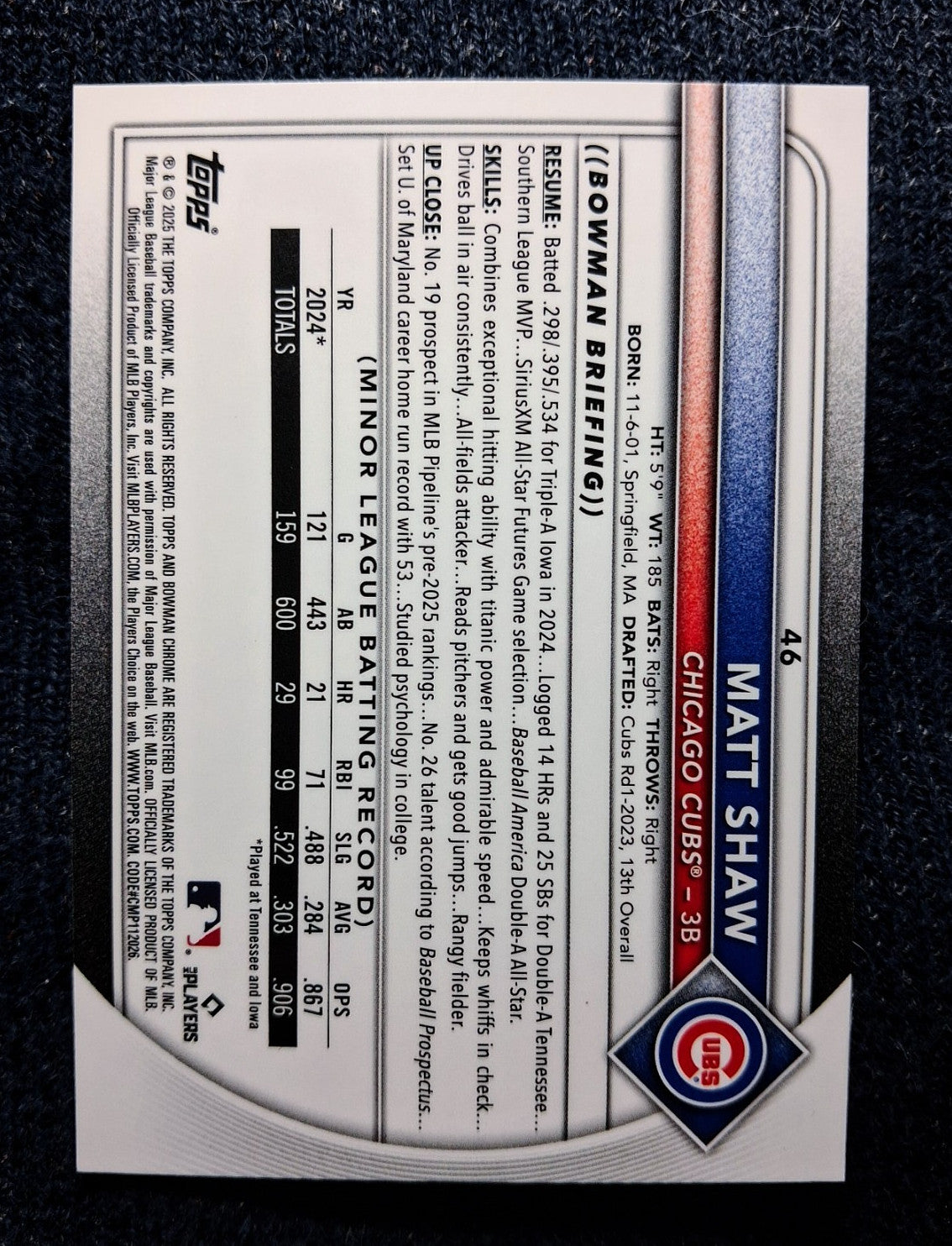 2025 Bowman Chrome Baseball Matt Shaw (RC) Base Set #46 Chicago Cubs