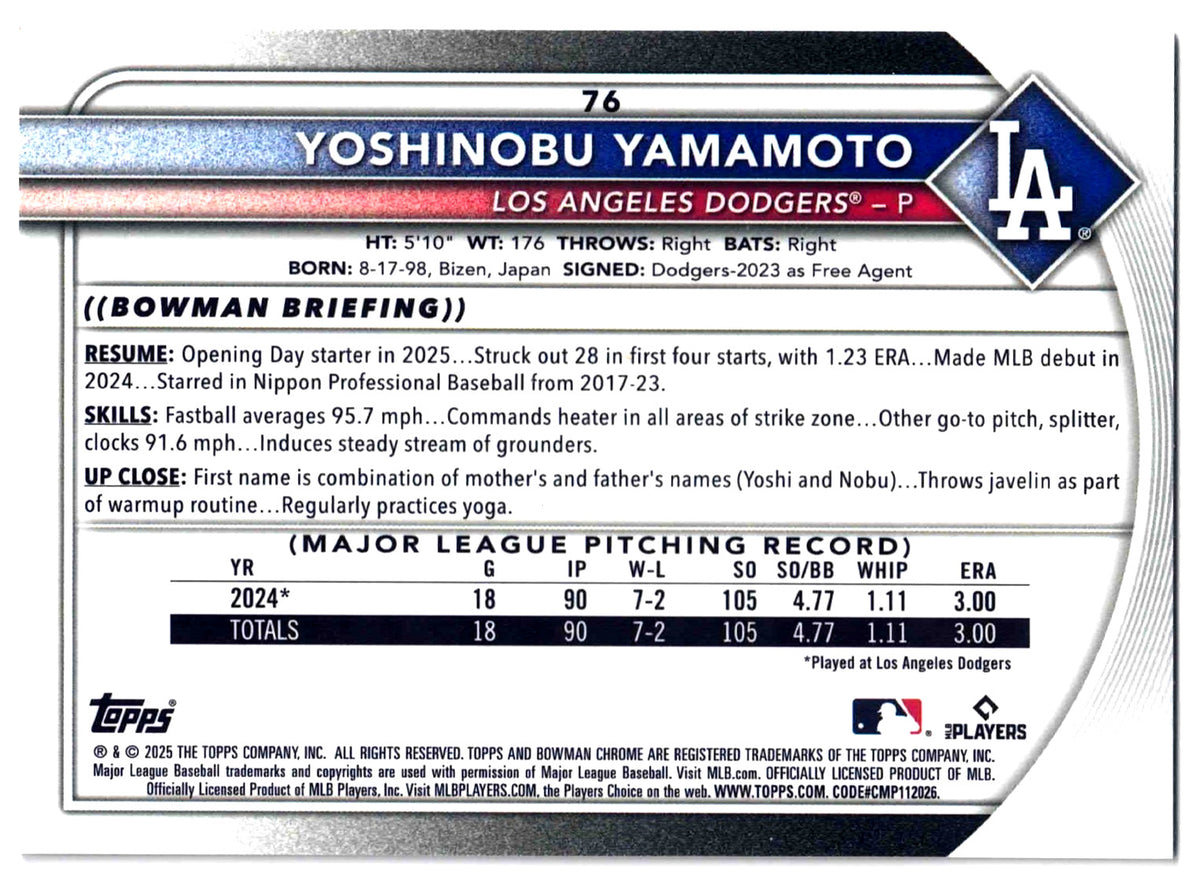 2025 Bowman Chrome Baseball YOSHINOBU YAMAMOTO #76 [Base Set]Los Angeles Dodgers
