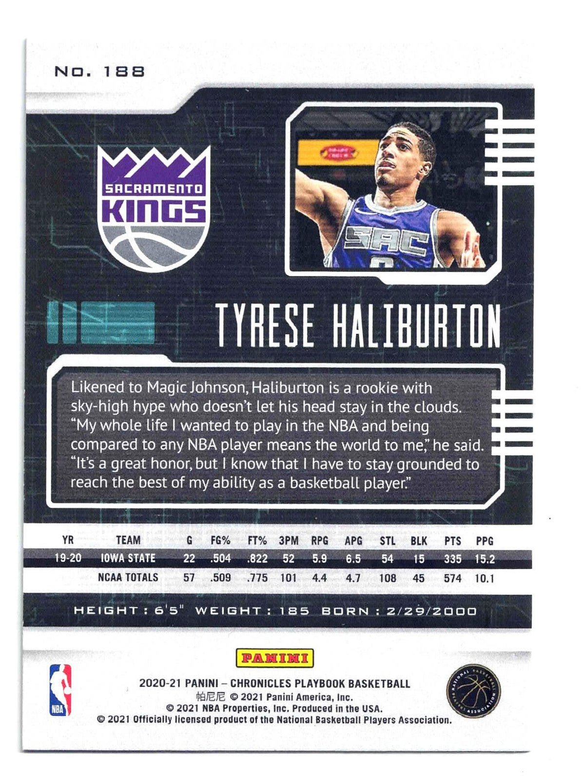 2020-21 Panini Chronicle Playbook TYRESE HALIBURTON #188 Rookie Sacramento Kings