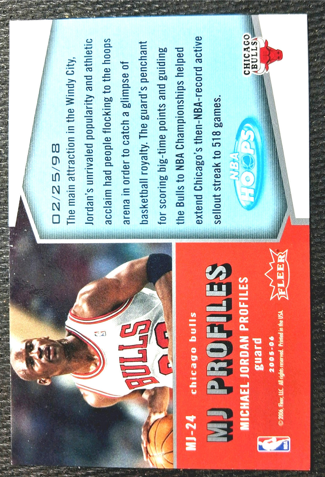 A vintage Fleer NBA trading card featuring Michael Jordan in a Chicago Bulls uniform, with profile text on the right side and team branding at the bottom.