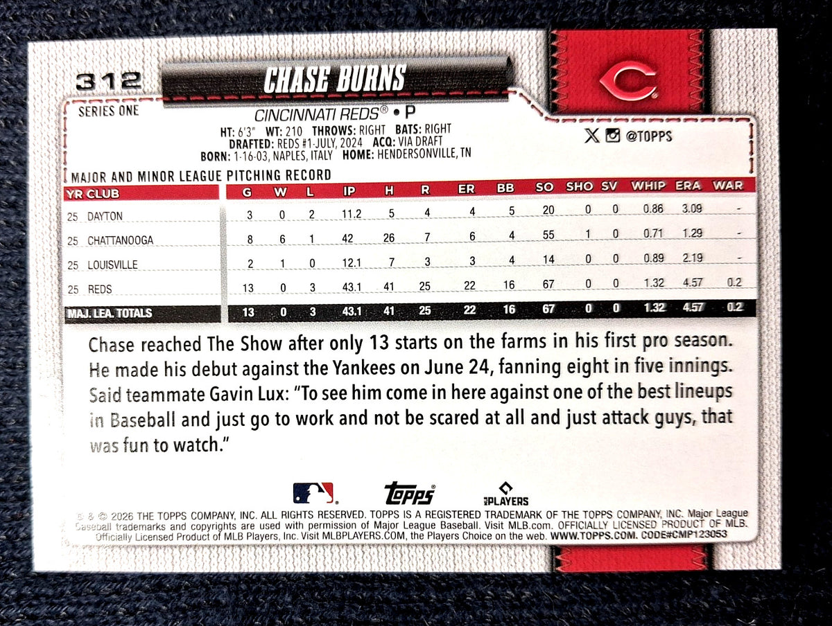 2026 Topps Baseball Series 1 CHASE BURNS #312 [Flagship Rookie] Cincinnati Reds