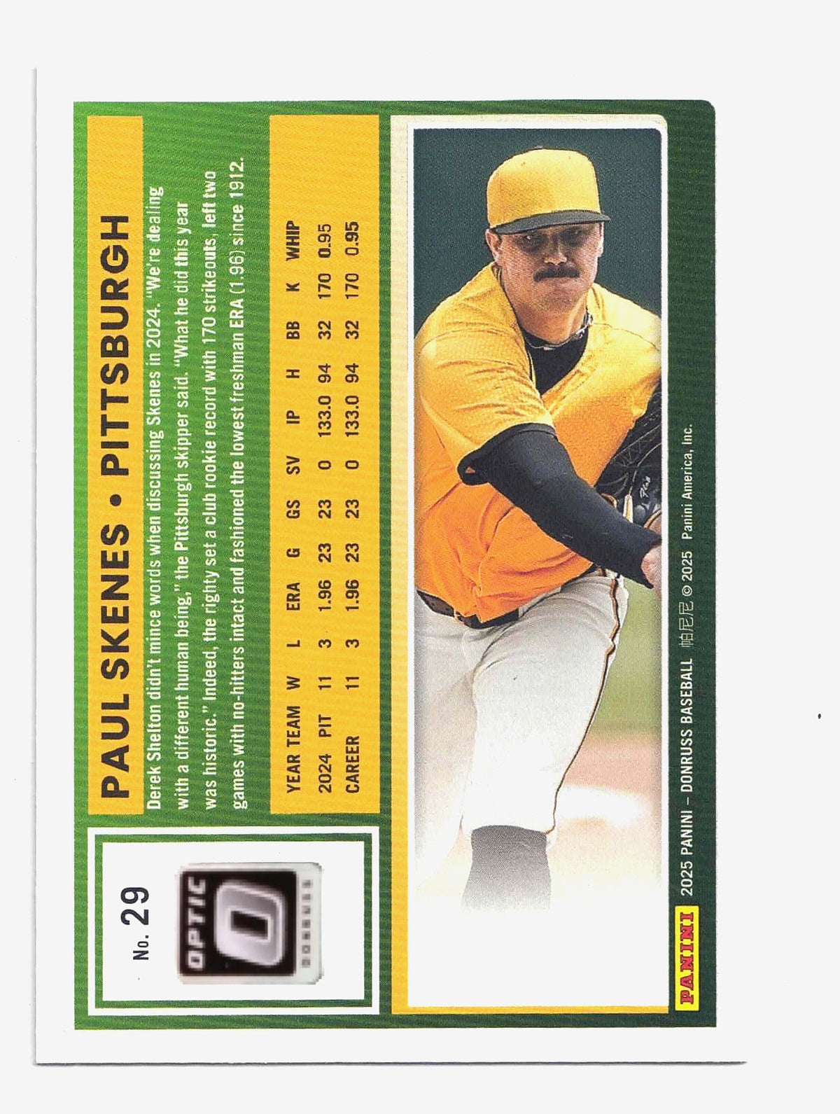 2025 Panini Donruss Optic PAUL SKENES #29 [Base Set] Pittsburgh Pirates