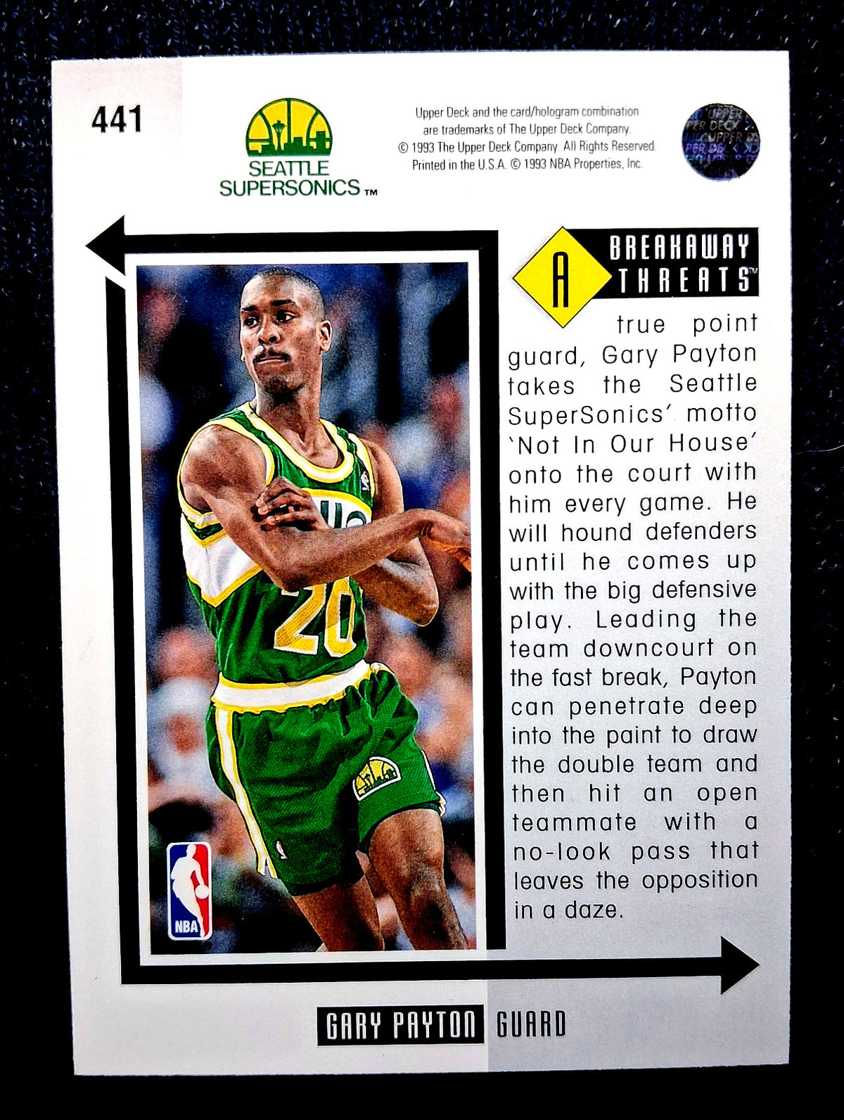 1993-94 Upper Deck #441 Gary Payton Breakaway Threat Supersonics Basketball Card