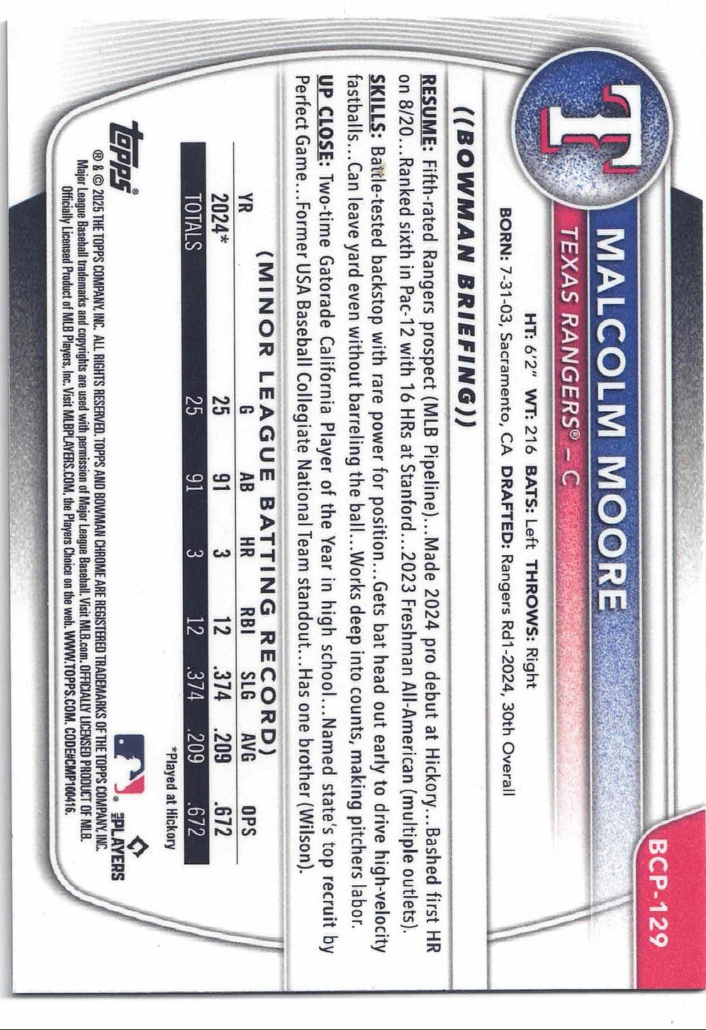 2025 Bowman Chrome Baseball MALCOM MOORE #BCP-129 [Reptilian] Texas Rangers(1st)