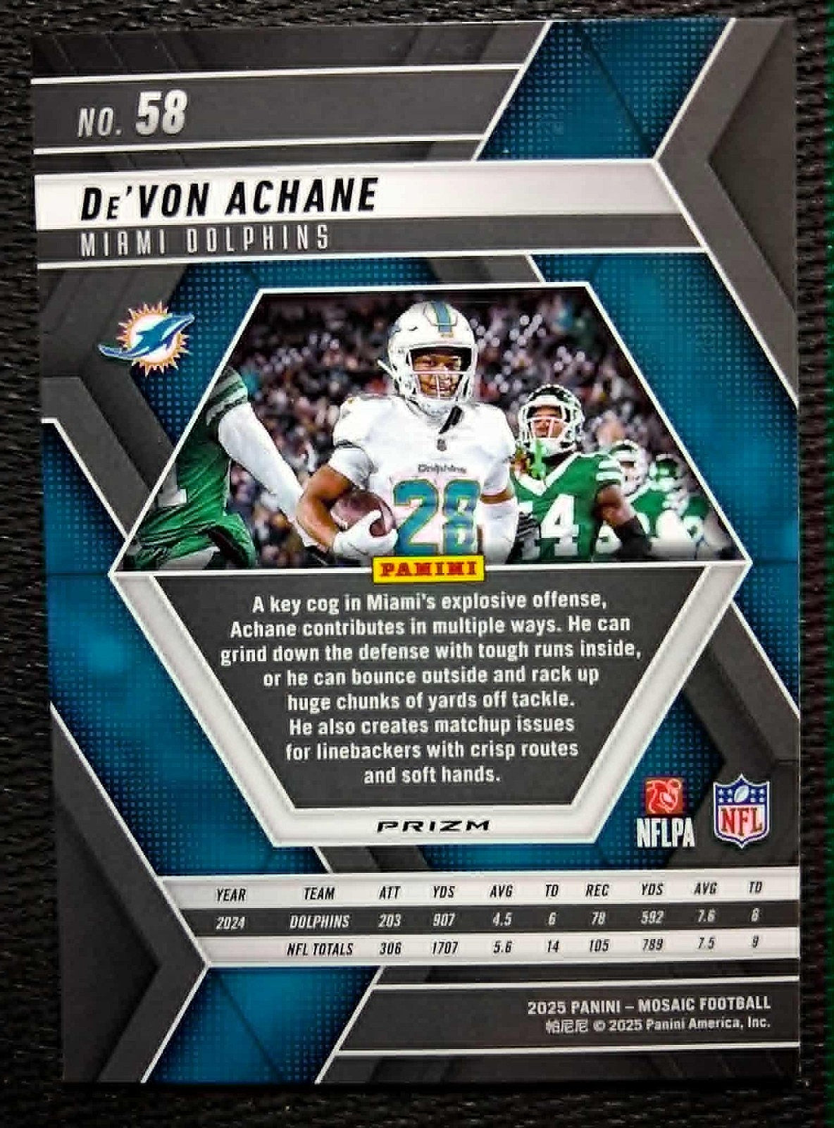 2025 Panini Mosaic NFL - #58 De’Von Achane, Miami Dolphins- Mosaic Prism Silver