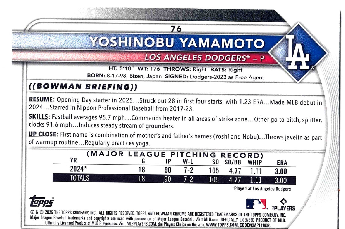 2025 Bowman Chrome Baseball YOSHINOBU YAMAMOTO #76 [Mojo Refractor] LADodgers