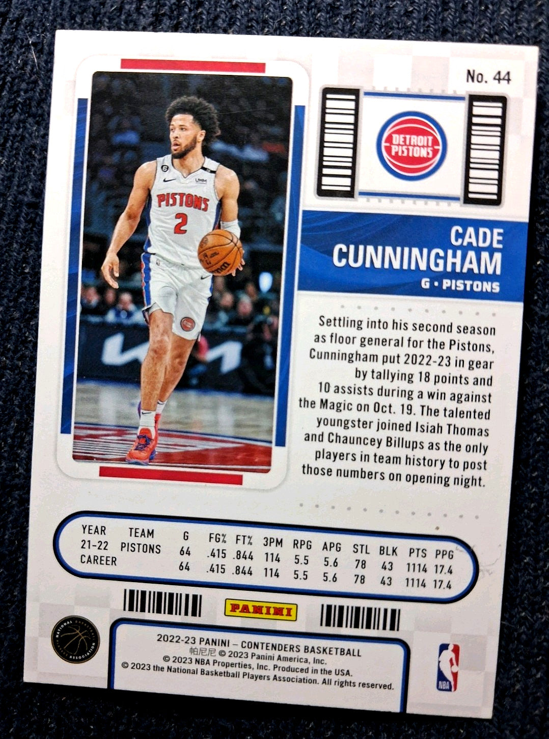2022-23 Panini Basketball Contenders #44 Cade Cunningham 'Season Ticket' Base