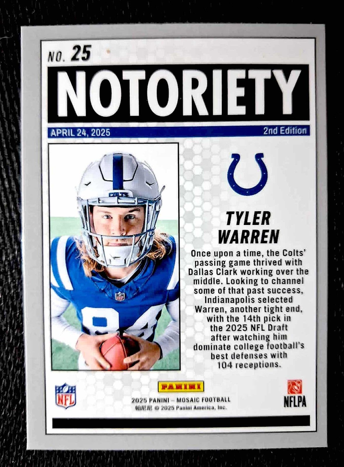 2025 Panini Mosaic Football #25 TYLER WARREN- Notoriety Silver Prizm (RC)