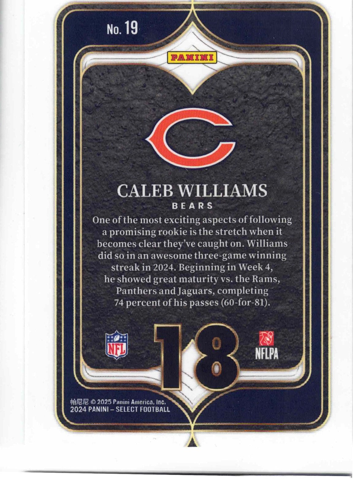 2024 Panini NFL Select CALEB WILLIAMS #19 [Select Numbers] Chicago Bears (RC)