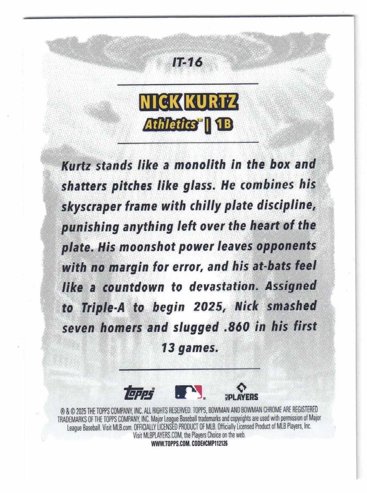 2025 Topps Bowman Baseball NICK KURTZ [It Came to the League] #IT-16 (RC)