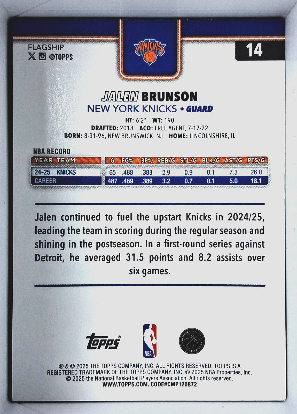 2025-26 Topps NBA Flagship JALEN BRUNSON #14 [Base Set] New York Knicks