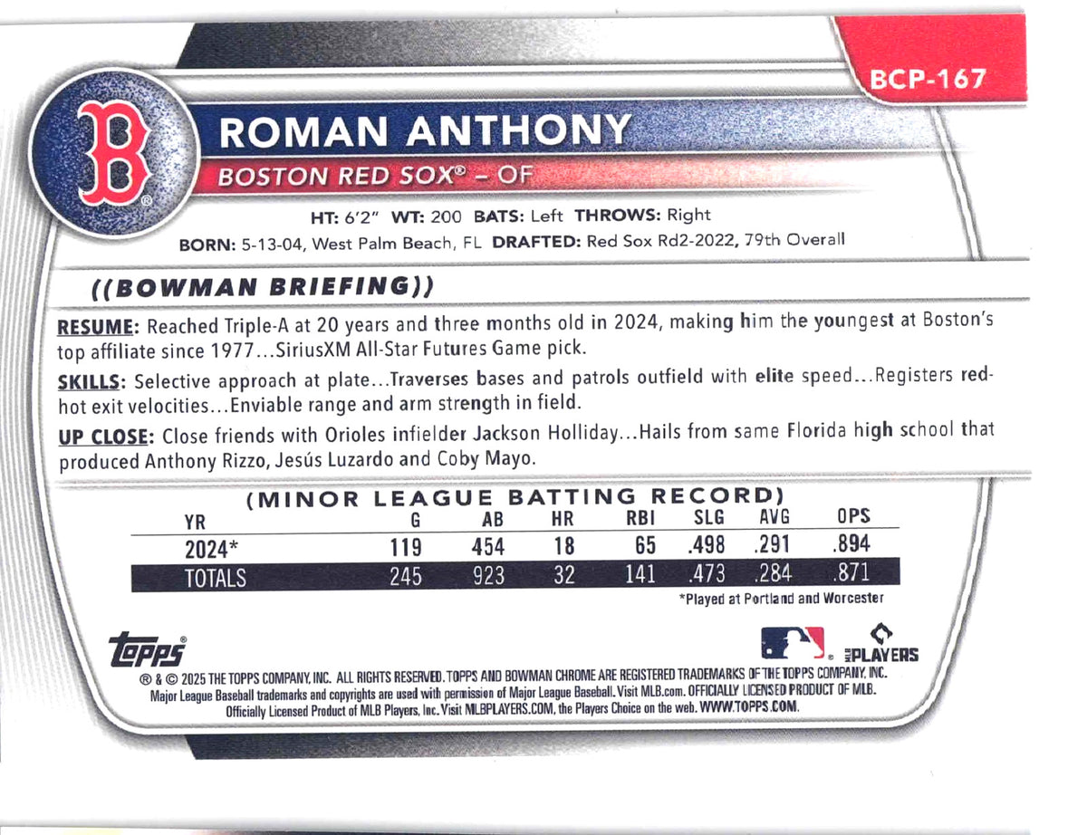 2025 Bowman MLB Chrome ROMAN ANTHONY #BCP-167 [Mojo Refractor] Boston Red Sox