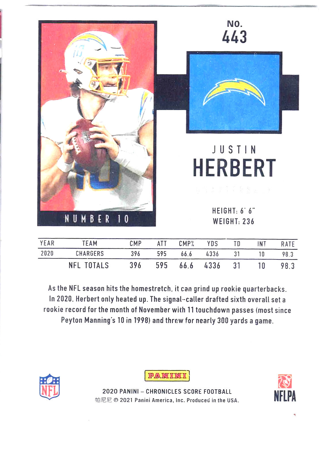 2020 Panini Chronicles NFL Score  JUSTIN HERBERT #443 Los Angeles Chargers (RC)