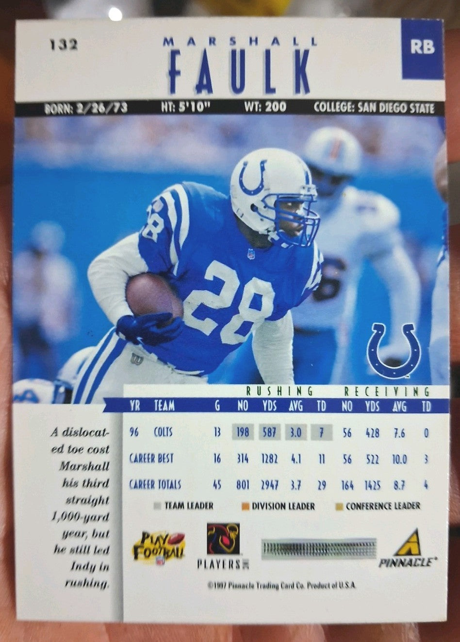 Pinnacle 1997 Football MARSHALL FAULK #132 [Hologram] Indianapolis Colts