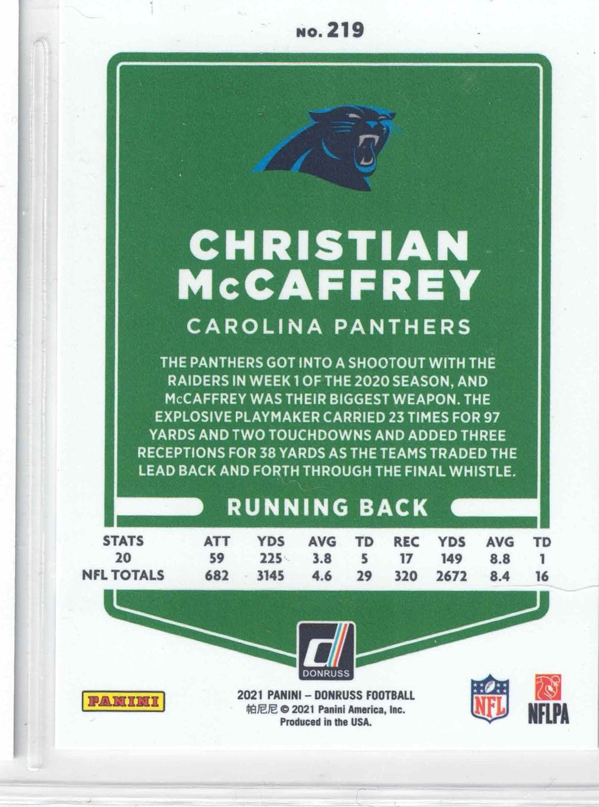 2021 NFL Donruss CHRISTIAN McCAFFREY #219 Rare[Gold Press Proof] SF 49ers