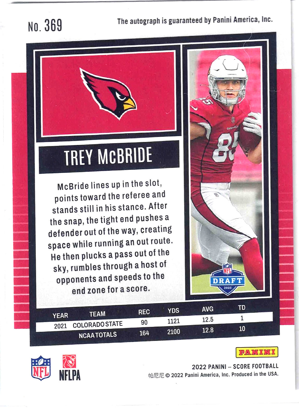 2022 Panini NFL Score TREY McBRIDE #369 [Rookie Signature] Arizona Cardinals