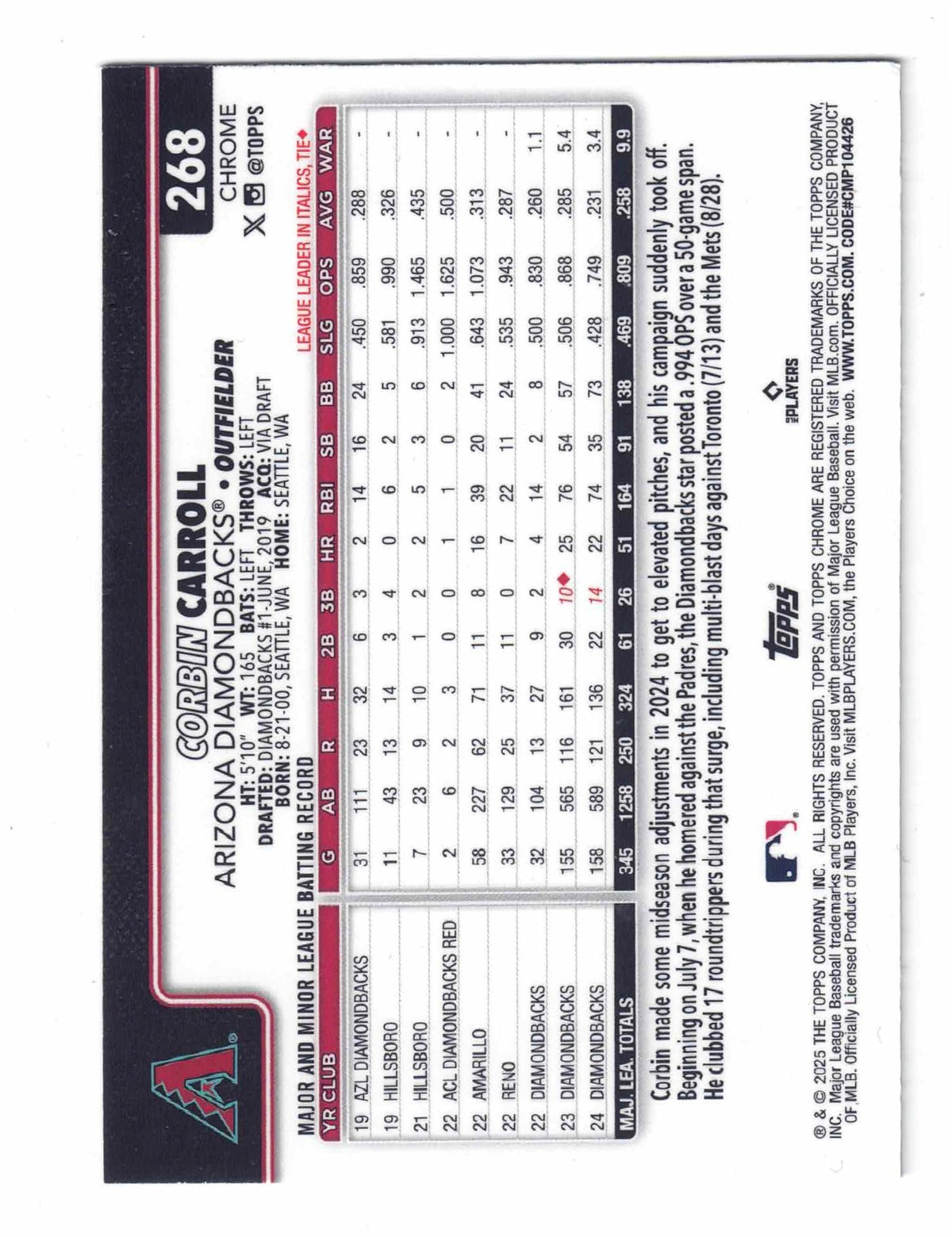2023 Topps Chrome Baseball CORBIN CARROLL [Logofractor Blue] #95  Serial # /150