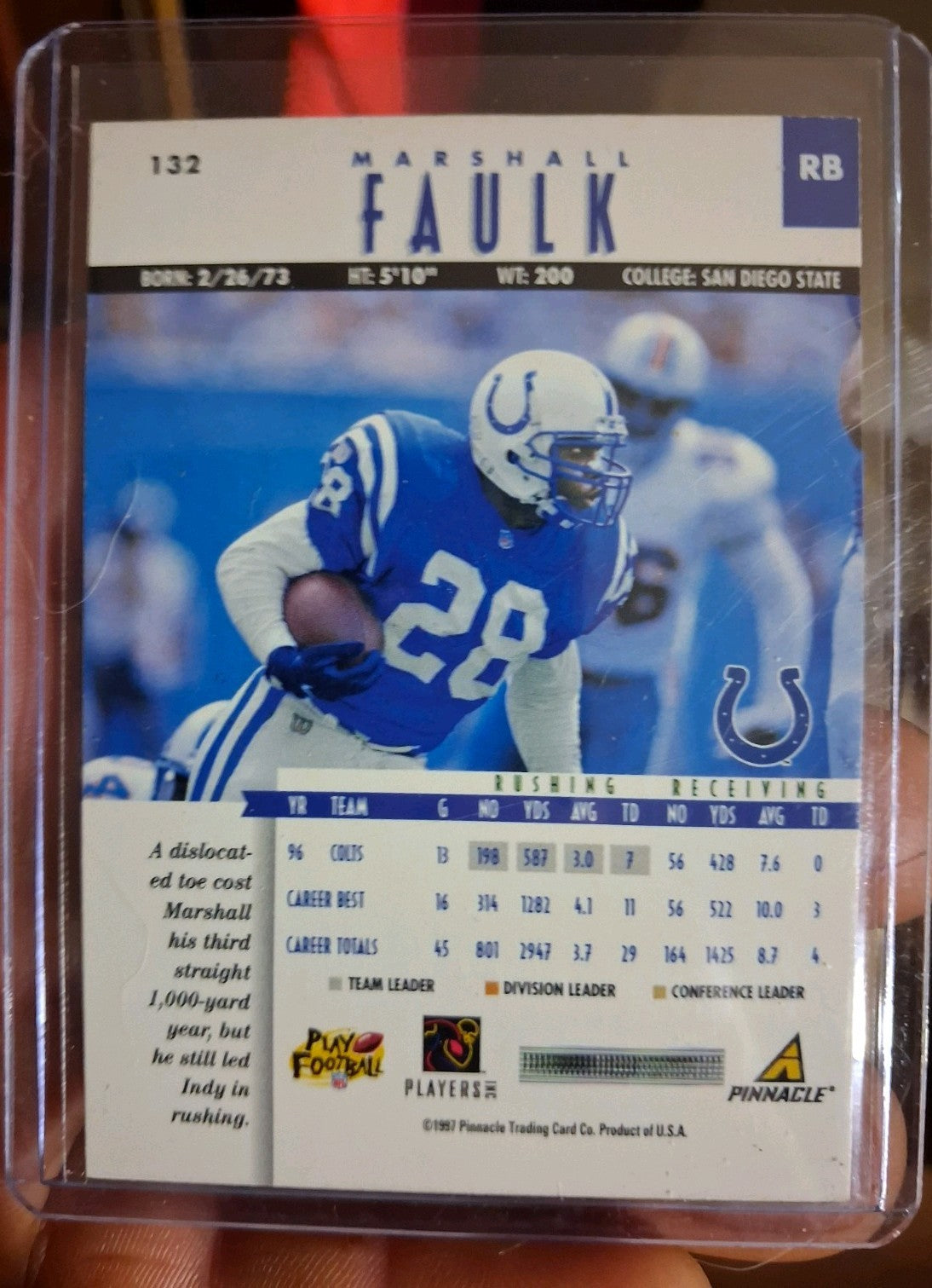 1997 Pinnacle NFL MARSHALL FAULK #132 Indlanapolis Colts