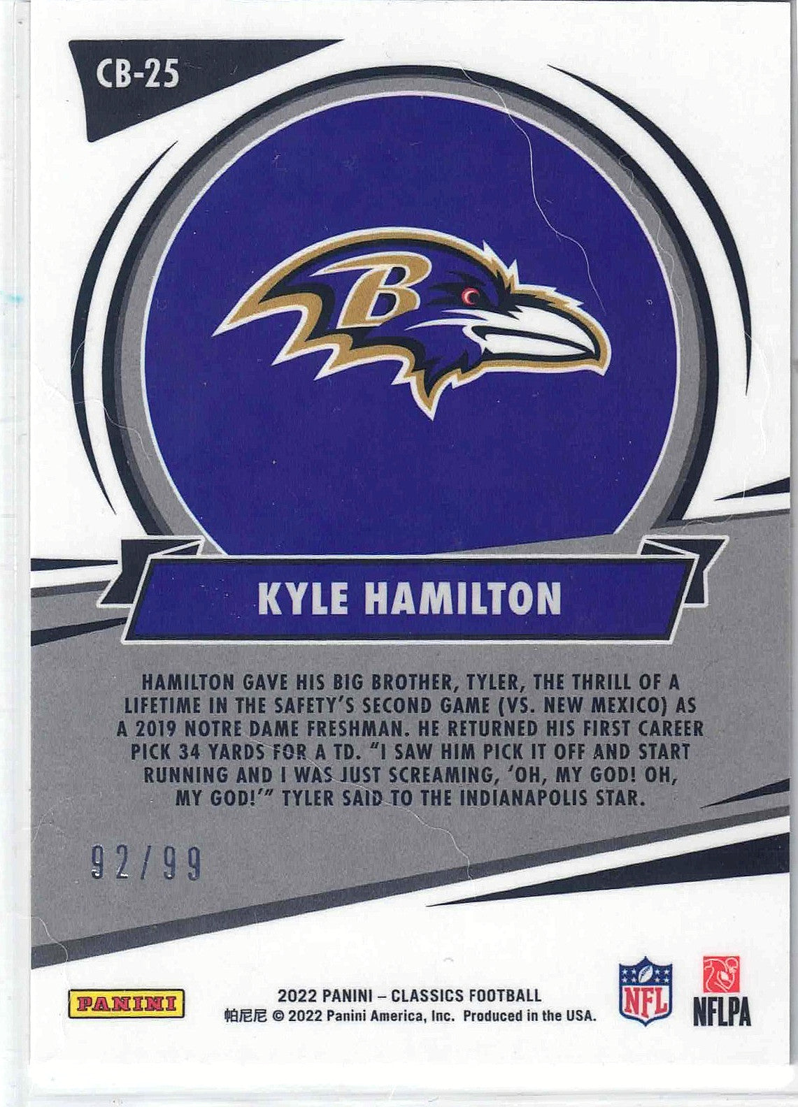2022 Panini NFL Classics Beginning KYLE HAMILTON #CB-25 [Gold Rookie] /99 Ravens