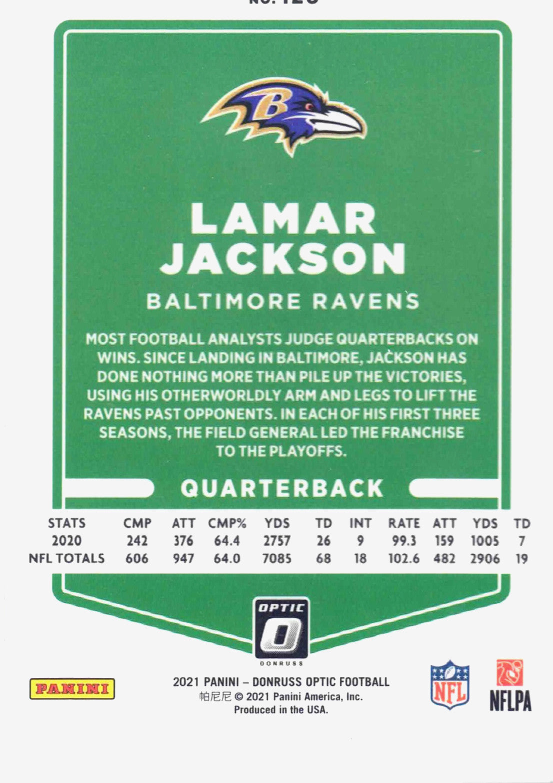 2020 Panini Donruss Optic Football LAMAR JACKSON #11 [Base Set] Baltimore Ravens
