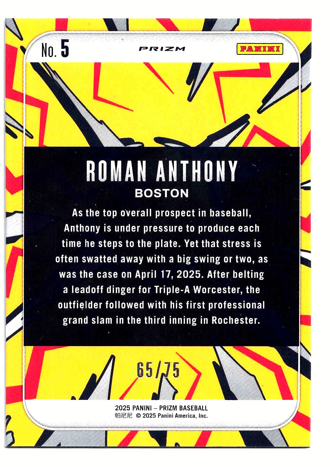 2025 Panini Prizm Baseball ROMAN ANTHONY #5 Dingers[Blue Pulsar] /75 Red Sox