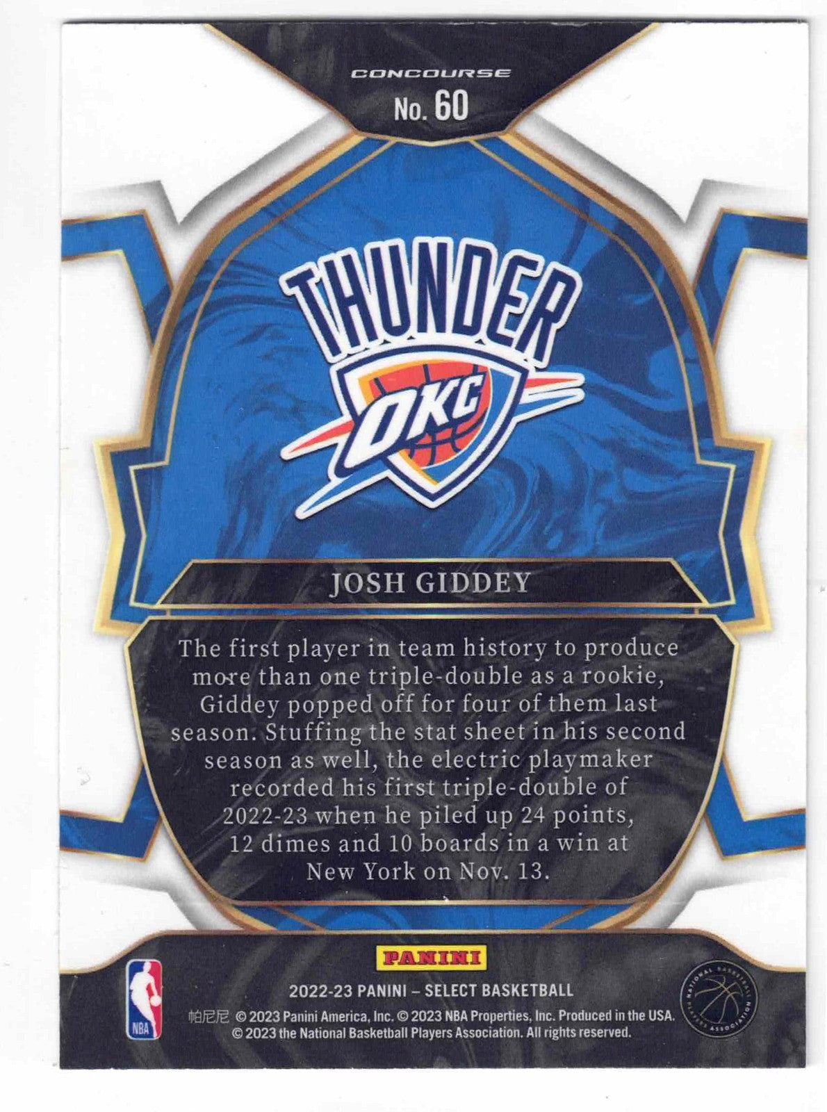 2022-23 Panini NBA Select JOSH GIDDEY #60[Concourse Prizm Blue]Oklahoma Thunder