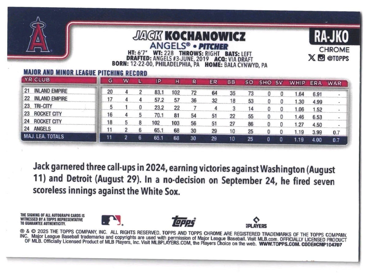 Topps 2025 Chrome Baseball JACK KOCHANOWICZ #RA-JKO [Rookie Auto] Angels