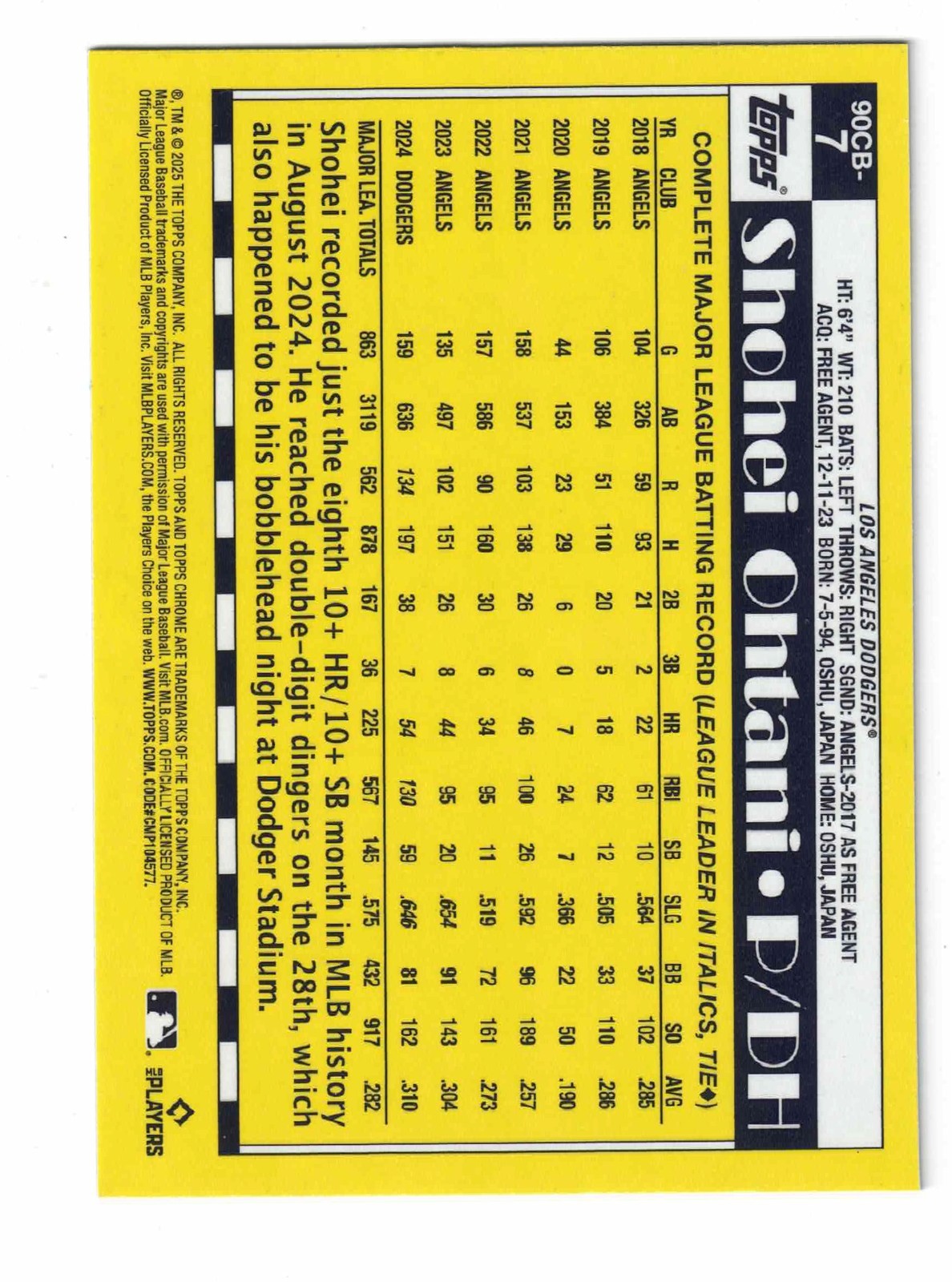 2025 Topps Chrome SHOHEI OHTANI #90CB-7 [1990 Topps 35th Anniversary]LA Dodgers