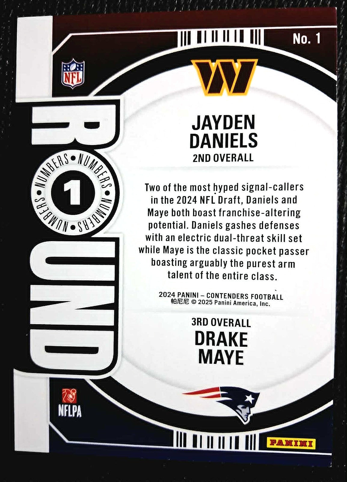2024 Panini Contenders - Round Numbers Jayden Daniels, Drake Maye #1 (RC)